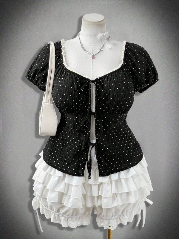 Sunspun Plus Size Black & White Polka Dot Patchwork Puff Sleeve Lace Trim Front Tie Blouse, Suitable For Spring, Summer, Autumn
