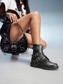 CUCCOO GRLICON Giày bốt cổ ngắn nữ, kiểu Y2K, phong cách Punk, phong cách Biker, phong cách cá tính, phù hợp cho Halloween, Giáng sinh, tiệc tùng. - màu đen - Xem 4