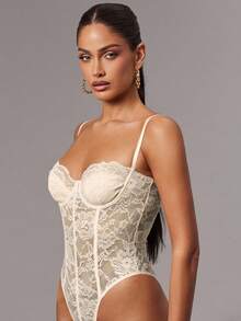 Silquee 红色性感蕾丝紧身衣，蕾丝拼布细肩带迷人透视紧身长袖紧身衣，适合日常穿着、约会之夜、外出 - 杏色 - 查看 7