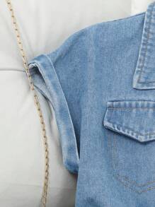 Sparklyn 2pcs/Set Tween Girls Blue Washed Twist Denim Cropped Top + Black Knit Camisole Dress, Casual Versatile Outfit - Black - View 6