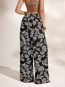 Shutterstock Glamance 女士印花图案休闲日常裤 波西米亚风裤 阔腿裤 花卉印花裤 佩斯利花纹裤 夏威夷风情女装 - 黑與白 - 查看 2