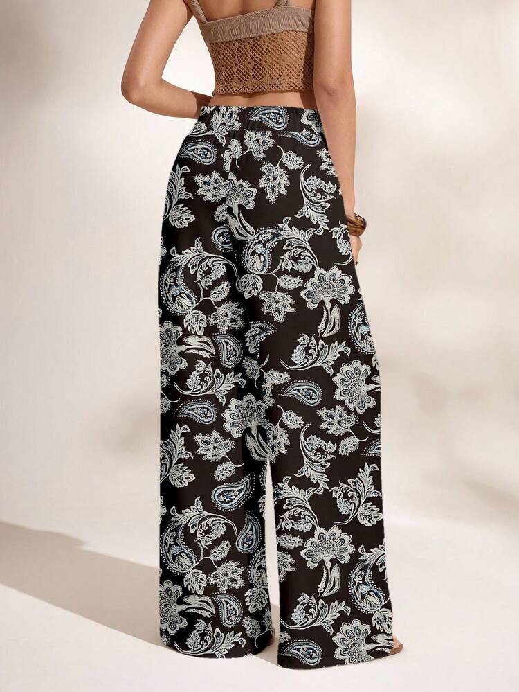Shutterstock Glamance 女士印花图案休闲日常裤 波西米亚风裤 阔腿裤 花卉印花裤 佩斯利花纹裤 夏威夷风情女装 - 黑與白 - 查看 2
