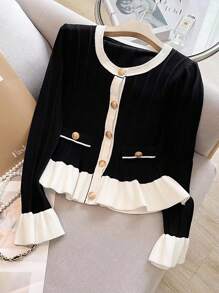 Franclia Women's Casual Ruffled Hem Long Sleeve Cardigan Fall Winter Cloth For Women - Black and White - View 1