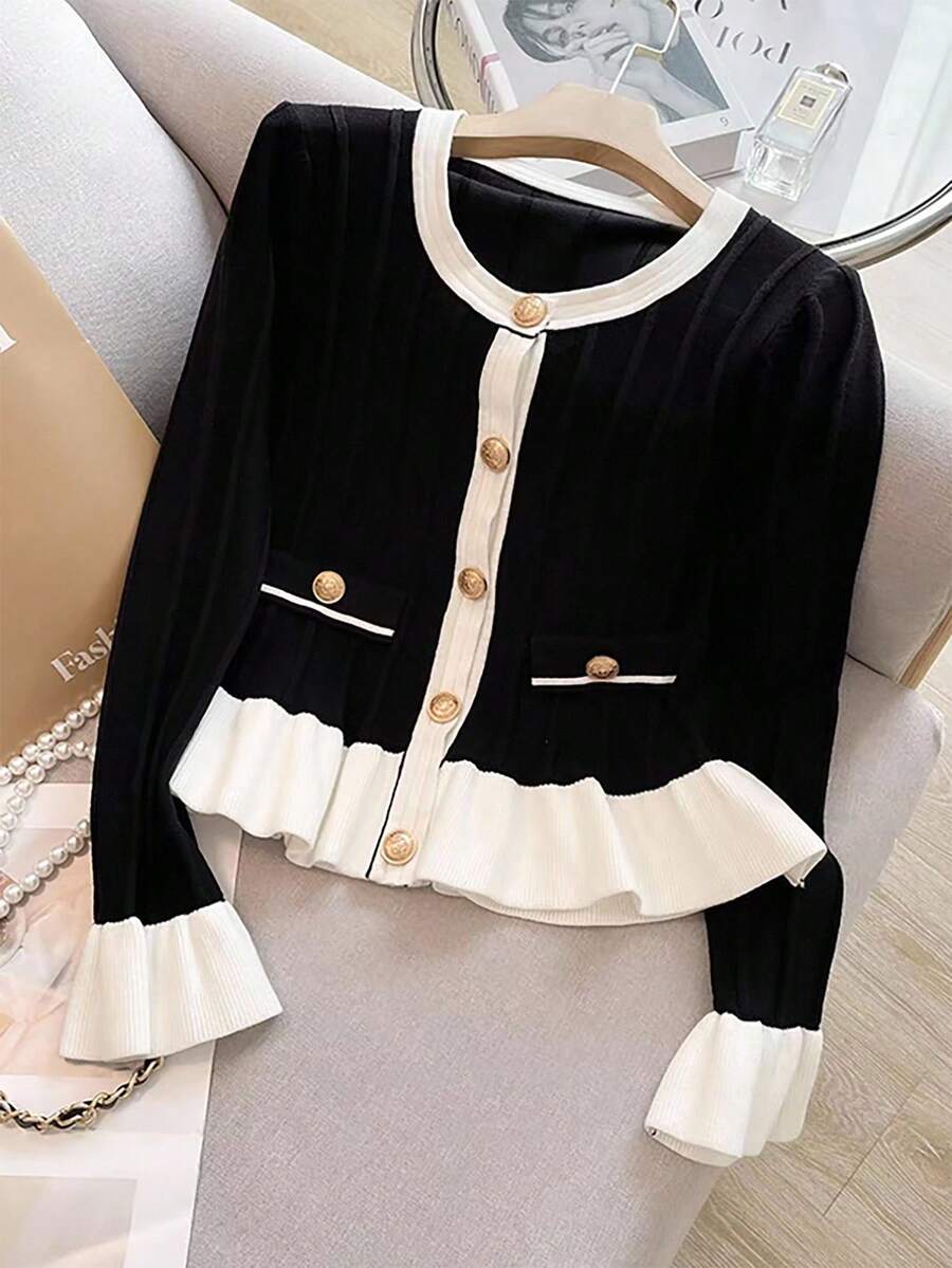 Franclia Women's Casual Ruffled Hem Long Sleeve Cardigan Fall Winter Cloth For Women - Black and White - View 1