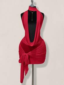 SHEIN ICON Women's Red Sheer Deep Draped Neck Ruched Tie Waist Backless Bodycon Mini Dress Draped Dress,Party Dresses For Women,Dresses For Women Party - Red - View 1