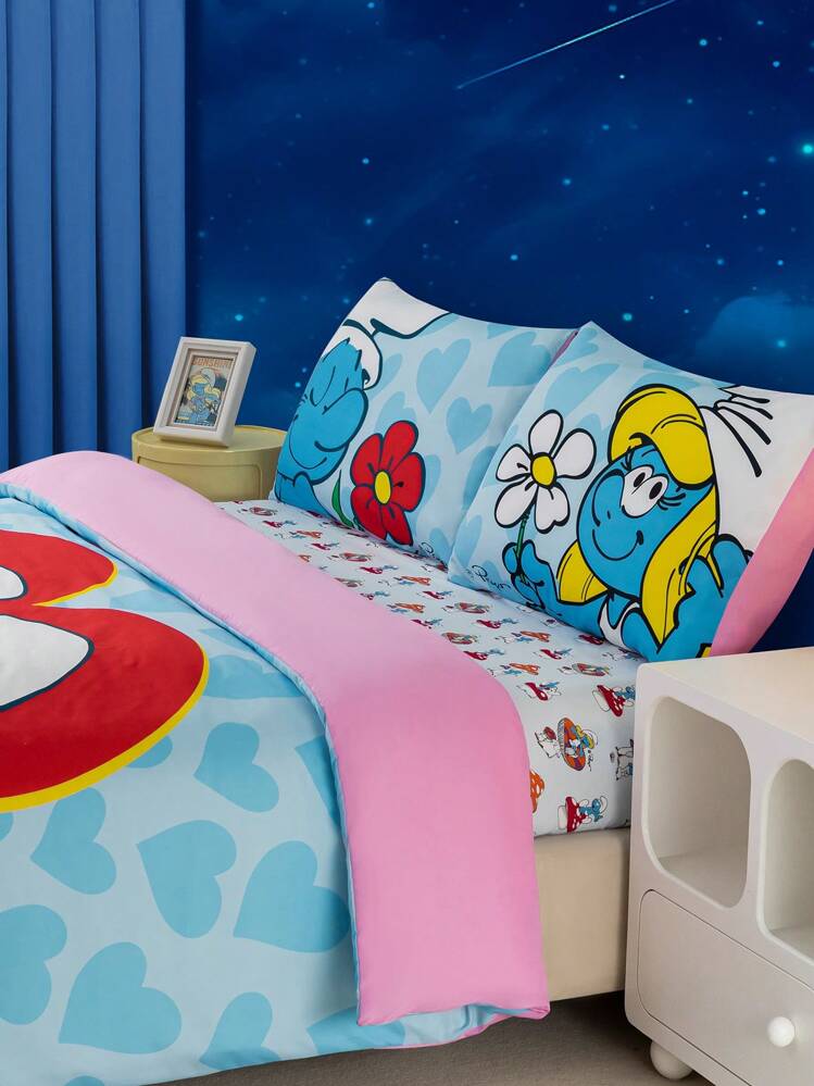 SHEIN X The Smurfs 3pcs Cute Cartoon Heart Graphic Bedding Set