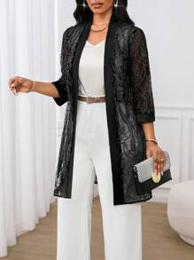 SHEIN Lady Women's Elegant Black Tea Party Cardigan,Shiny Shimmering Filigree Fabric Thin Midi Jacket,Lightweight Autumn Winter Clothes Casual Vacation Simple - White - View 4