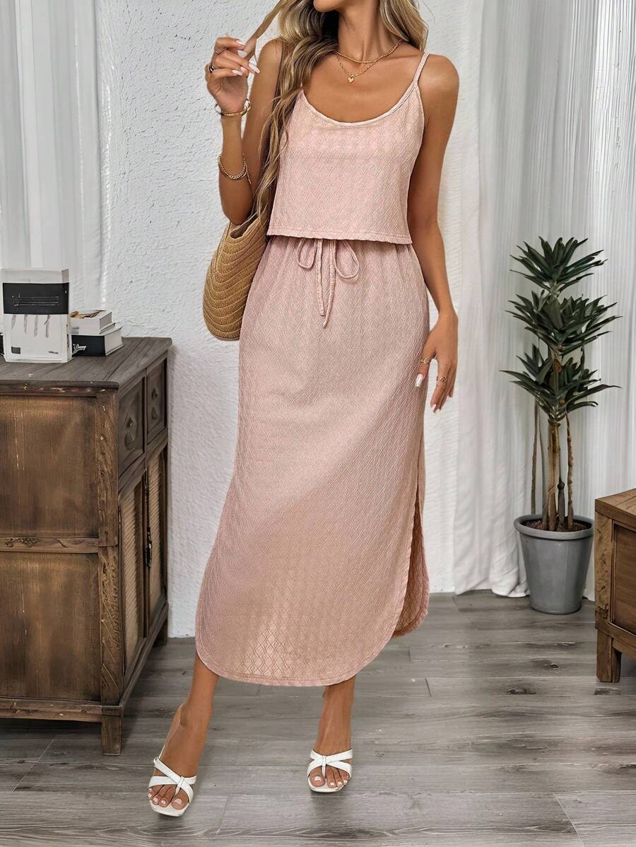 SHEIN LUNE 女式夏季休闲度假纯色纹理面料抽绳腰高开衩吊带裙 - 粉色 - 查看 1