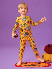 Nick 90s | SHEIN Young Boy Cartoon Graphic Halloween Round Neck Long Sleeve & Long Pants Comfortable Skin-Friendly 2pcs Pajama Set - Multicolor - View 4
