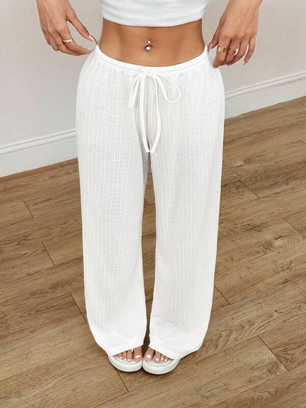 SHEIN PETITE Women's Summer New Knitted Texture Light White Casual Pants, Suitable For Vacation Wear, Autumn Winter Casual Home White Pants Women Summer Pants Comfy Pants Beach Pants Bathing Suit Cover Up Pants White Beach Pants