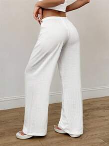 SHEIN PETITE Women's Summer New Knitted Texture Light White Casual Pants, Suitable For Vacation Wear, Autumn Winter Casual Home White Pants Women Summer Pants Comfy Pants Beach Pants Bathing Suit Cover Up Pants White Beach Pants - White - View 2