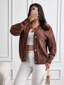 EURMUSE Plus Size Women's Loose Fit Solid Round Neck Long Sleeve Cardigan For Vacation, Long Sleeve Tops - Brown - View 4