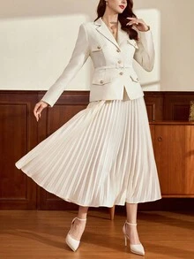 Vintamour 复古经典优雅女士西装套装春夏合身口袋翻盖西装外套腰带百褶裙长袖西装套装秋冬米色西装套装 - 米色 - 查看 3
