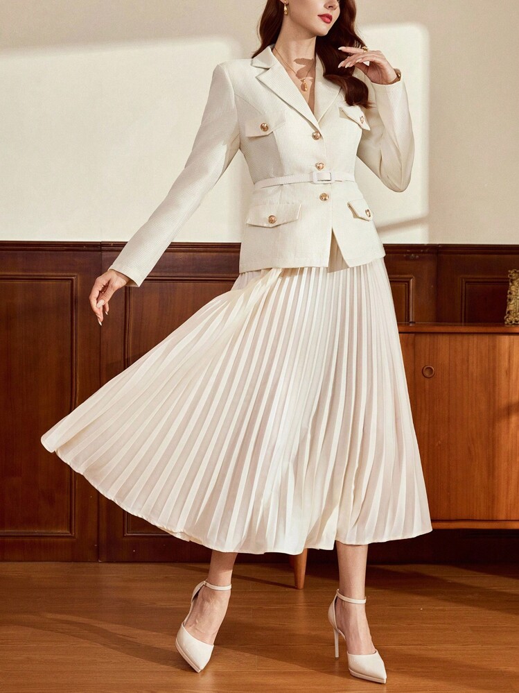 Vintamour 复古经典优雅女士西装套装春夏合身口袋翻盖西装外套腰带百褶裙长袖西装套装秋冬米色西装套装 - 米色 - 查看 3