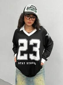 青少年女孩休闲宽松V领数码印花卫衣