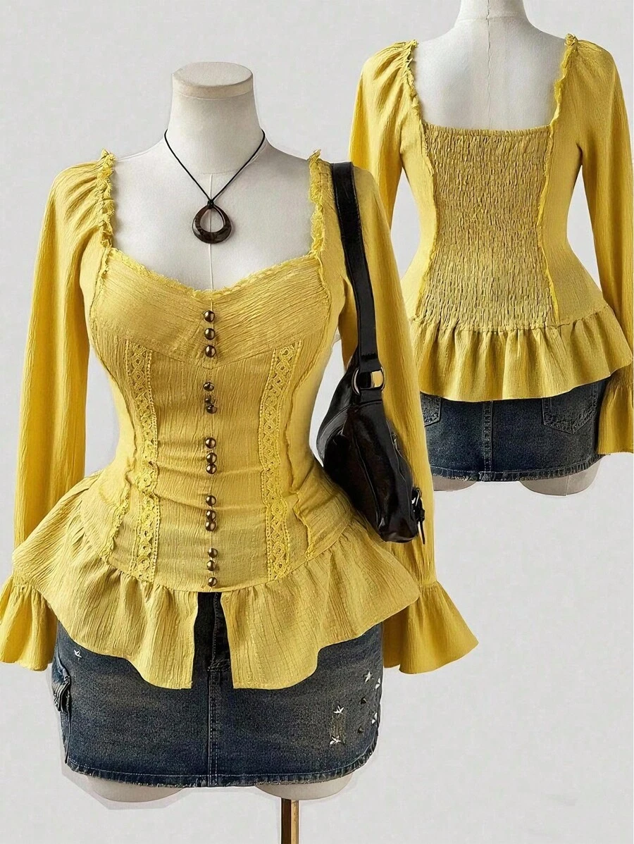 Flirla 大码女式浪漫扎染花卉蕾丝边纽扣衬衫 - 黃色 - 查看 1