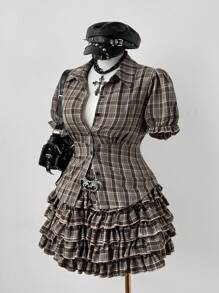 Sweetra Plus Size Women's Puff Sleeve Blouse And Plaid Skirt 2 Pieces Set Plaid Dress Checkered Clothes Gothic Summer Clothes Vintage Clothes  Vintage - Multicolor - View 5