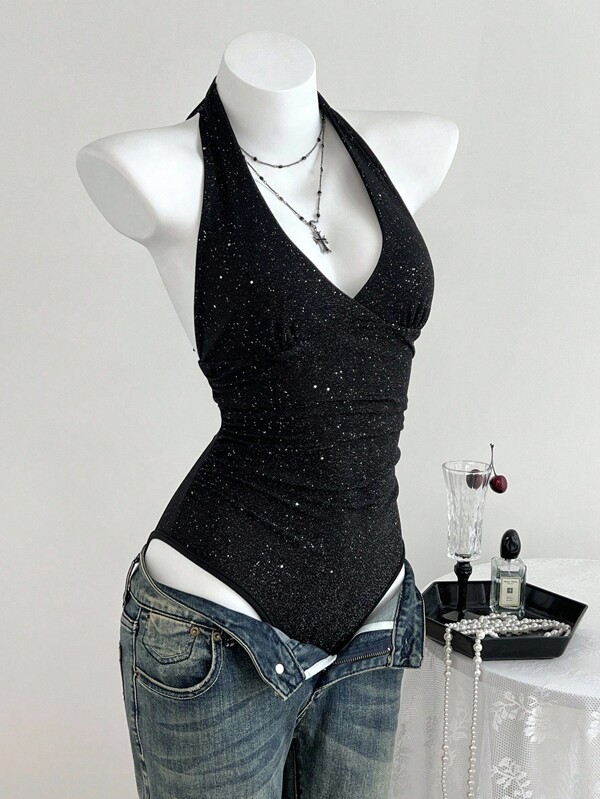 Elamini Wszechstronny body z głębokiego dekoltu w serek z metalicznej przędzy, odpowiedni na wiosnę, lato, jesień i zimę