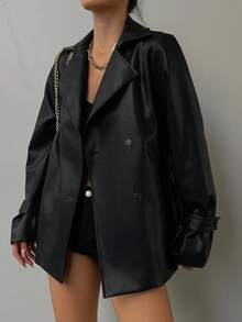 DAZY 女士休闲系带翻领西装外套，常规版型，秋季女式外套 - 黑色 - 查看 3