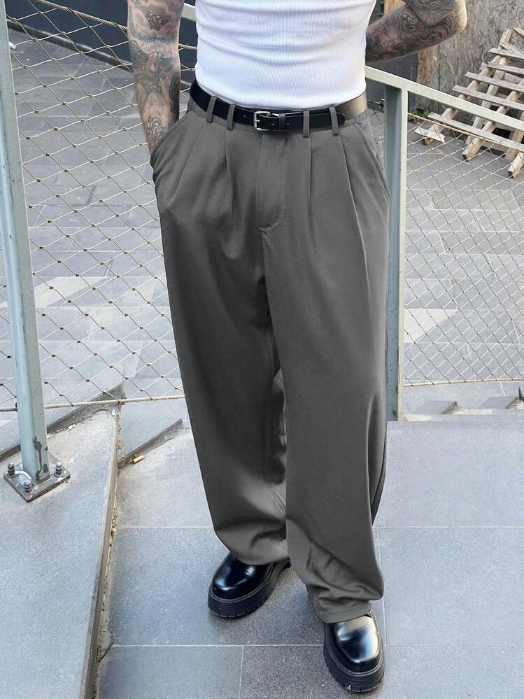 Manfinity Homme 男士西装裤，高端新款设计，垂坠西装裤，设计师时尚休闲黑色简约商务长裤 - 深灰色 - 查看 3