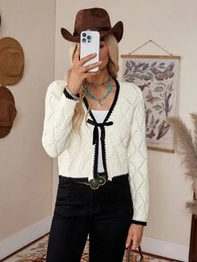 LanaWest Casual French Design Argyle Textured Contrast Trim Long Sleeve Knit Cardigan,Long Sleeve Tops