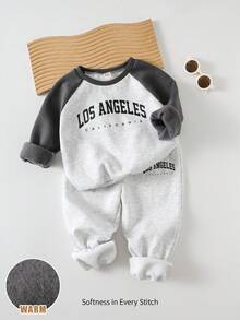 Cozy Pixies 2pcs/Set Young Boy Letter Pattern Knit Soft Round Neck Long Sleeve Pullover Top And Elastic Waist Pants Fall Winter