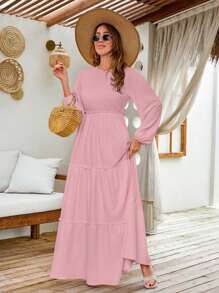 SHEIN Cottnline LANTERN LONG SLEEVE LAYERED LONG DRESS - Berwarna merah muda - View 7