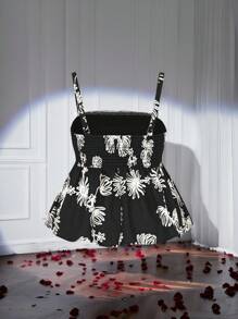 SHEIN MOD 大码女式 3D 花卉刺绣浪漫可爱蝴蝶结装饰蕾丝拼布吊带背心夏季上衣，短款上衣，女式荷叶边上衣，女式花卉上衣，女式吊带上衣，提花纹理，宽松下摆，手工编织花朵，万圣节