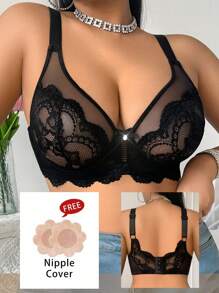 1pc Plus Size Lace Sheer Sexy Underwire Lingerie Bra - Black - View 4