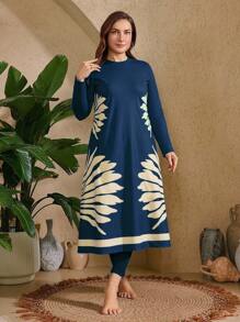 Swim Mulvari 3pcs Plus Size Women Modest Printed Long Sleeve Rash Guard & Burkini Swimsuit Set For Summer Beach Vacation - Navy Blue - View 4