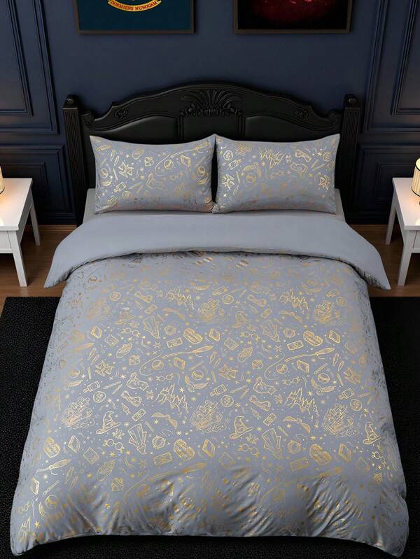 HARRY POTTER X SHEIN 3pcs Foil Print Bedding Set, Gray Duvet Cover, Soft & Cozy, Warm & Machine Washable, Fits Twin/Full/Queen/King Bed, Dorm/Home