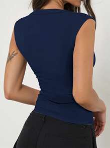 INAWLY 女式纯色深V领性感修身吊带背心 - 寶藍色 - 查看 2