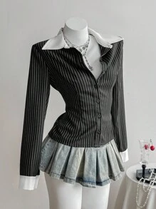 Elamini 黑色条纹亚麻面料撞色白领纽扣衬衫，复古优雅女士通勤休闲装，春秋季 - 黑色 - 查看 4