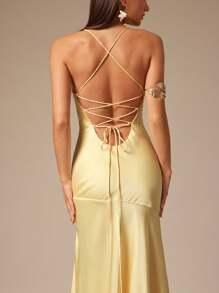 Silquee 女式纯色细肩带无袖开衩连衣裙 - 黃色 - 查看 7
