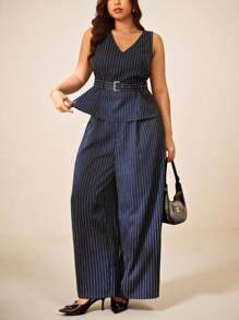 Elaquor 大码条纹印花V领背心和阔腿裤休闲两件套 - 藏蓝色 - 查看 6