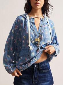 Bohemela 大码休闲复古碎花连帽衫 - 藍色 - 查看 2