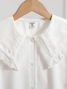 Sparklyn 春秋新款彼得潘领3D蝴蝶结长袖宽松白衬衫，甜美百搭，简约学院风，法式荷叶边下摆上衣。彼得潘领上衣，秋冬返校服饰