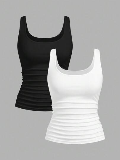 Slaydiva 2 pièces Femmes Débardeur ajusté à encolure ras-du-cou et taille froncée, polyvalent pour le port quotidien