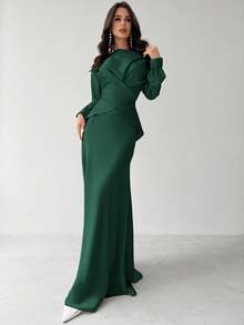 Firerie Women's Elegant Satin Asymmetric Hem Skirt,Fall - Dark Green - View 4