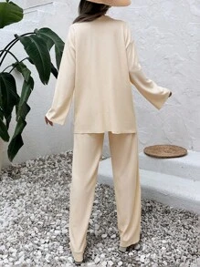 ZIRRA 3 件套女士纯色落肩长袖纹理面料衬衫和阔腿裤套装 - 杏色 - 查看 2