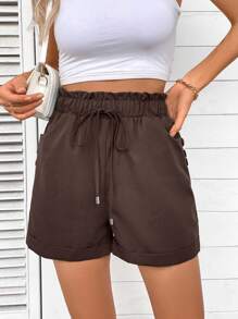 EMERY ROSE Women's Solid Color Elastic Waist Drawstring Casual Shorts With Pockets, Versatile - Coffee Brown - View 6