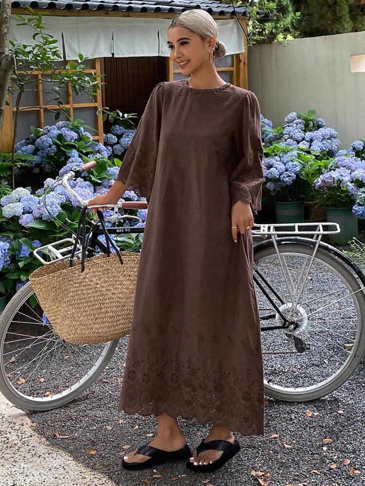 Women's Round Neck 3/4 Sleeve Loose Lace Patchwork Vacation Style Dress