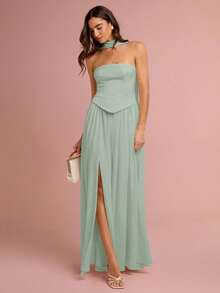 Enchnt Váy Bandeau nhún bèo xẻ cao thời trang nữ lãng mạn thường ngày - Màu xanh Bạc hà - Xem 5