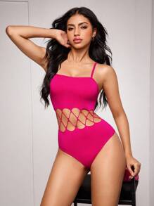 SHEIN Bodysuit Seksi Wanita Warna Polos dengan Potongan di Pinggang, Cocok untuk Acara Keluar Rumah - Hot Pink - View 1