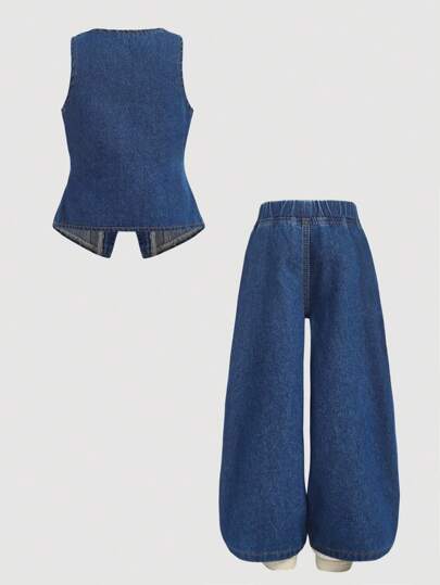 SHEIN X GALILEA Firerie Kids Firerie Kids 年轻女孩 2 件牛仔吊带上衣和松紧腰裤套装，毕业/派对/度假套装，老钱风格，年轻女孩卡哇伊套装，秋季儿童休闲舒适服装，返校