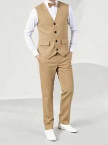 2 件青少年男孩绅士套装 - 背心 + 长裤，优雅正式西装，适合生日派对、舞会、婚礼、毕业典礼 - 卡其色 - 查看 1