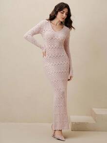 Anewsta Women's Elegant Solid Color Fitted Knit Dress - Baby Pink - View 3