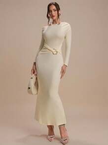 Modelyn Women's Elegant Solid Color Asymmetric Collar Fitted Mermaid Dress - Yellow - View 2