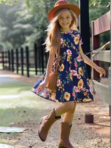 SHEIN 青春期女孩花卉圖案短袖圓領連衣裙 - 彩色 - 查看 8