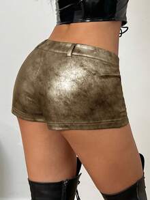 Coolane 女士夏季街头服饰音乐会音乐节Y2K金属短裤 - 金色 - 查看 7